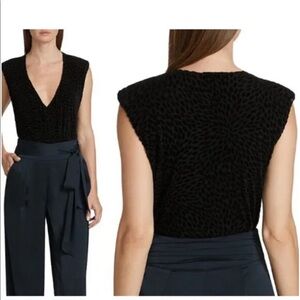 Ramy Brook Black Regina Velvet Embossed Burnout Cap Sleeve V-Neck Bodysuit Small
